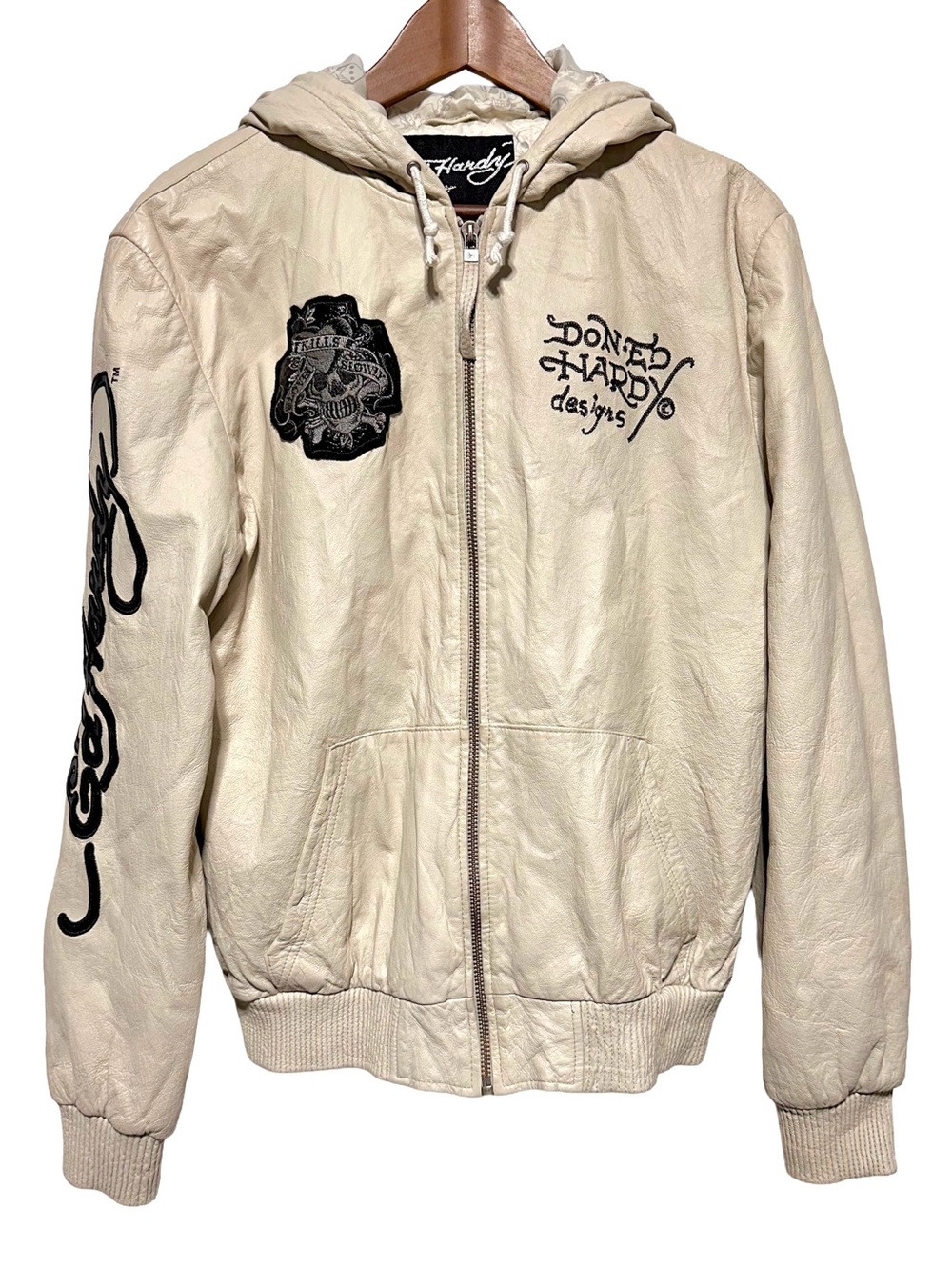 Y2K Ed Hardy Christian Audigier Leather Hooded Skull Jacket XL Rare